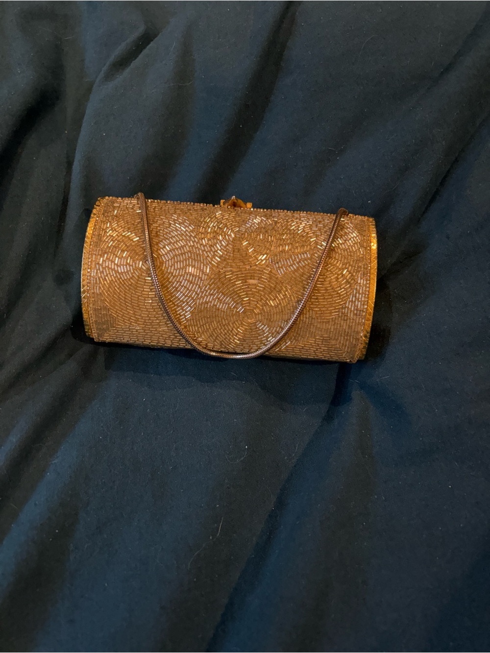 Vintage 50s Gold Beaded Minaudière Clutch Evening Bag Purse